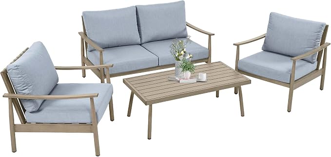 HAPPATIO Patio Outdoor Furniture Set - 4 Piece Aluminum Patio Conversation Set with 1 Coffee Table, 2 Armchairs and 1 Loveseat, Aluminum Outdoor Furniture Set for Backyard Deck Poolside (Brown)