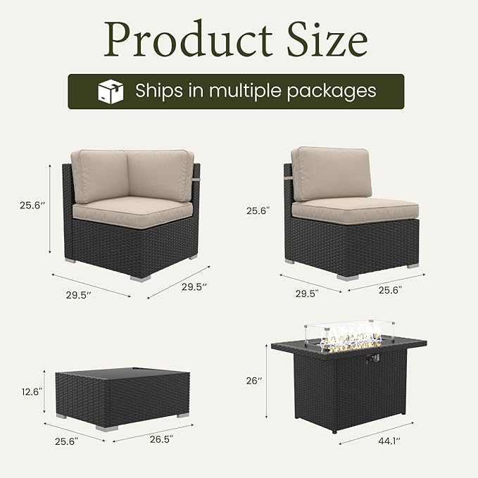 LayinSun 8 Piece Patio Furniture Set with 44" Propane Gas Fire Pit Table, Outdoor Sectional Conversation Set Wicker Rattan Sofa Set with Coffee Table