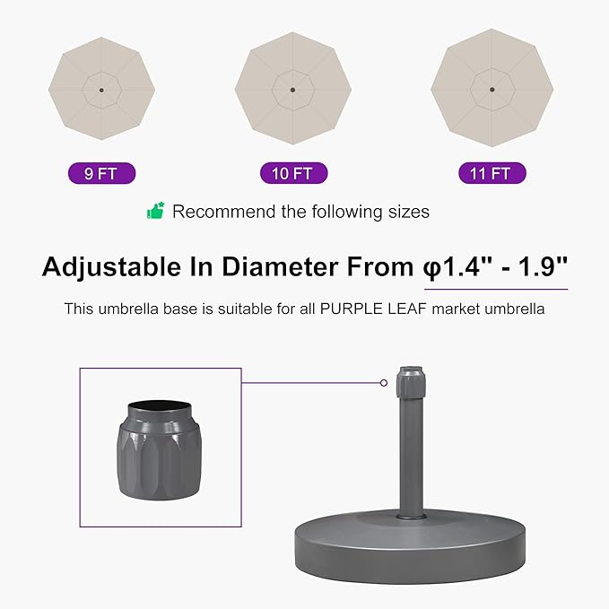 PURPLE LEAF 10 FT Semi-Auto Outdoor Patio Umbrella with Base Market Table Sun Umbrellas with 8 Aluminum Sturdy Ribs for Backyard Deck Garden Pool (Gray Pole Gray Canopy)