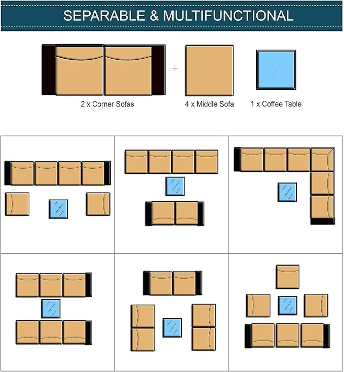 7 Pieces Outdoor Patio Furniture Sets,Wicker Conversation Set Sectional Sofa,Includes 6 All-Weather High Back PE Rattan Seating Components w/Thickened Cushions&Coffee Table,Sand