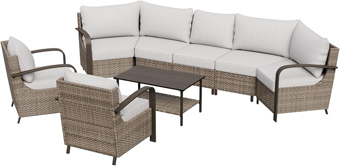 COOS BAY Aurora Terrace 6 Piece Outdoor Sectional Furniture Set, Half Moon Rattan Wicker Conversation Set with Patio Chairs, 5 Seat Sofa & Coffee Table for Patio Garden Yard, Beige/Beige