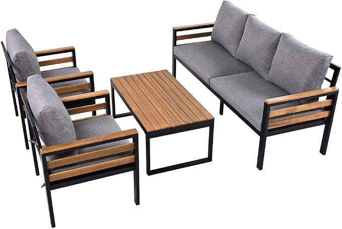 4-Piece Outdoor Furniture Sofa Set for 5 People with Armrests, Patio Conversation Set with Removable Cushion and Solid Wood Coffee Table for Garden, Grey