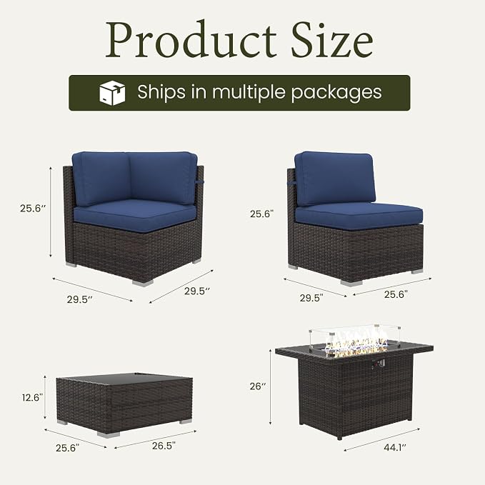 LayinSun 8 Pieces Outdoor Patio Furniture Set with 44" Fire Pit Table Brown Rattan Sectional Sofa Conversation Sets