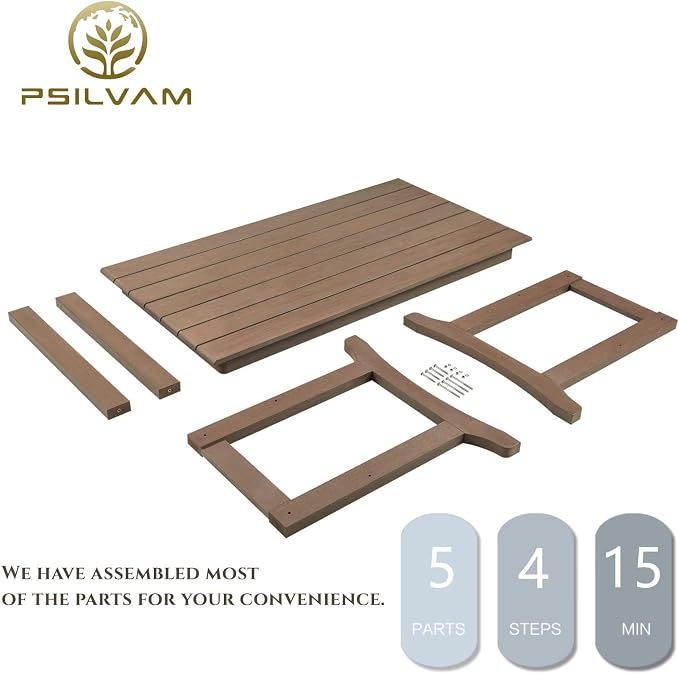 Psilvam 7-Piece Patio Dining Set, Poly Lumber Outdoor Table and Chairs, 6-Person Weather Resistant Farmhouse Dining Set with 59" Rectangular Table & 6 Chairs, Patio Furniture for Garden Backyard,Brown