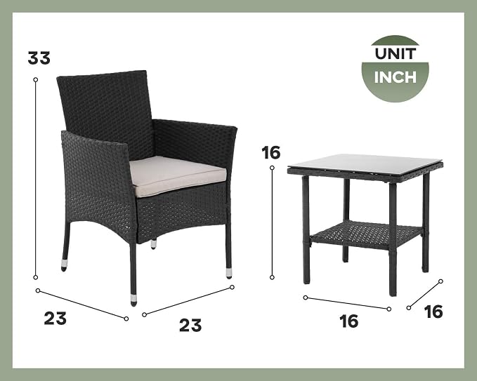 PayLessHere 3 Piece Furniture Patio Chairs Wicker Outdoor Rattan Conversation Bistro Set for Backyard Porch Poolside Lawn (Black)