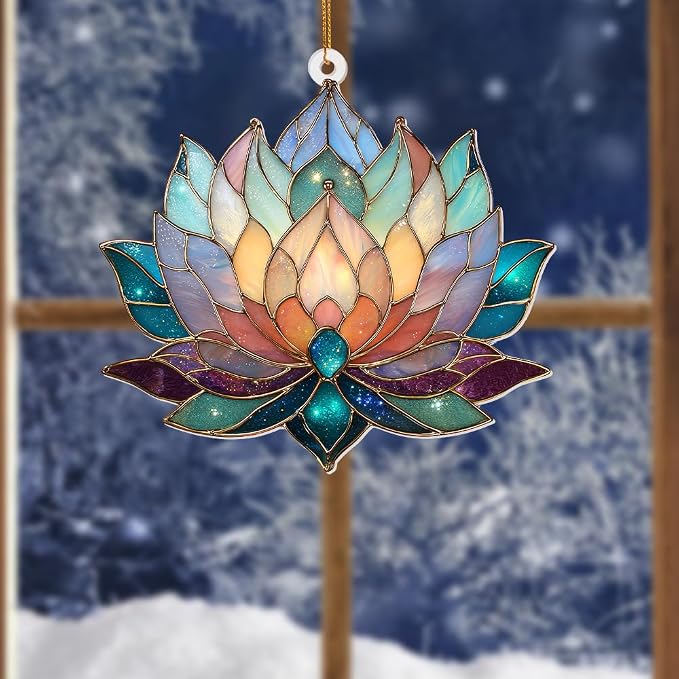 Lotus Stained Glass Acrylic Ornament – Colorful Lotus Flower Suncatcher for Windows, Christmas 2026 Ornament, Holiday & Spiritual Home Décor, Unique Handmade Gift(Sun-24)