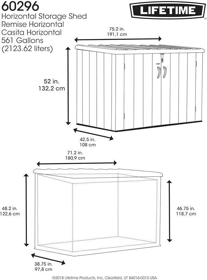 LIFETIME Horizontal Outdoor Storage Shed, Weather Resistant Resin Storage Can Fit Two Large Garbage Cans, Lockable Doors, Spring‑Hinge Lid, Low‑Maintenance Backyard Utility Shed