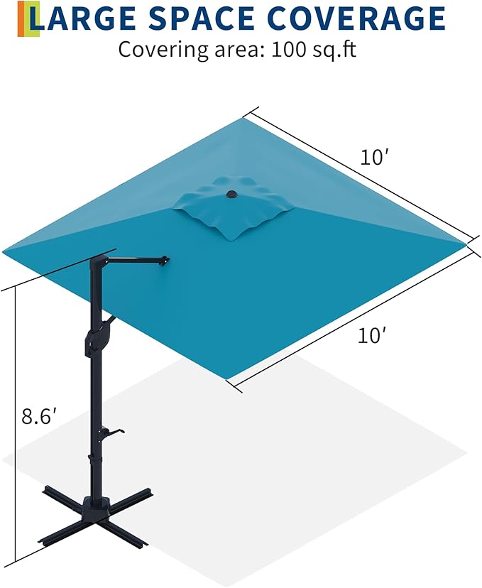 GarveeLife Large Cantilever Patio Umbrella, 10 ft X 10 ft Heavy Duty Aluminum Cantilever Offset Outdoor Umbrella with 360-Degree Rotation for Backyard, Deck, Pool (Turquoise Blue)