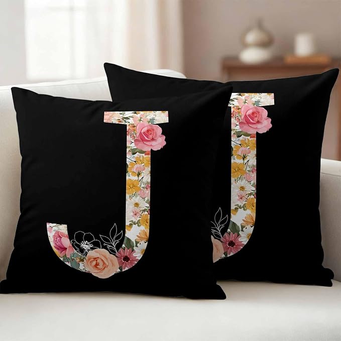 Black Letter J Flower Outdoor Pillow Covers Set of 2 Watercolor Alphabet J Pink Beige Floral Leaf Waterproof Throw Pillow Cover Decorative Cushion Cases for Patio Porch Garden 26X26 Inch