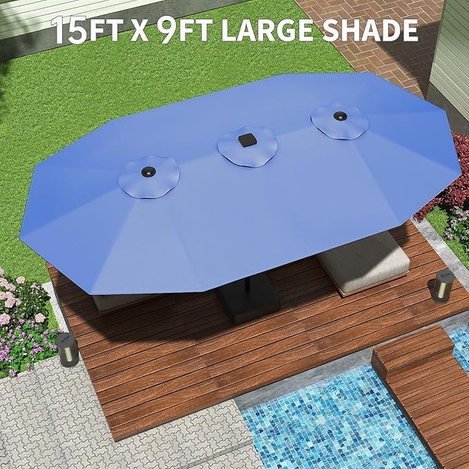 TrailBlaze 15ft Large Patio Umbrella with Base, Outdoor Rectangle Umbrella Double-Sided Market Umbrella with Crank Handle UV Protection Table Umbrellas for Backyard, Deck, Poolside and Garden