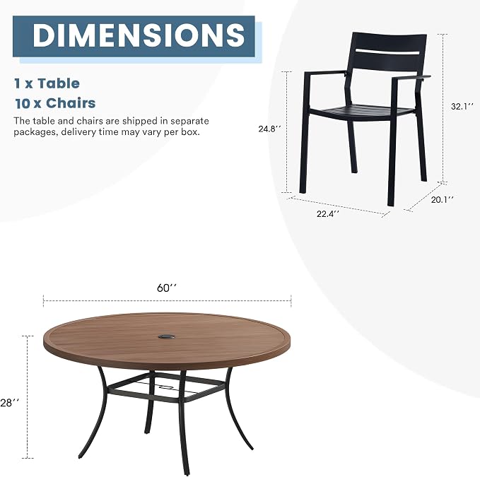 DIFY 11 Piece Outdoor Patio Dining Set for 10, Patio Table and Chairs Set with Umbrella Hole, 60" Round Dining Table and Stackable Metal Chairs for Backyard Garden Poolside, Walnut & Black