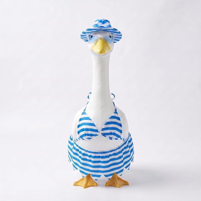 Hot 4Pcs Summer Bikini Porch Goose Outfits Set, Blue Striped Beach Costume with Hat, Fasion Sunglasses & Skirt, Yard & Lawn Goose Clothes for 23" Statue, Outdoor Patio Garden Decoration(Bikini)