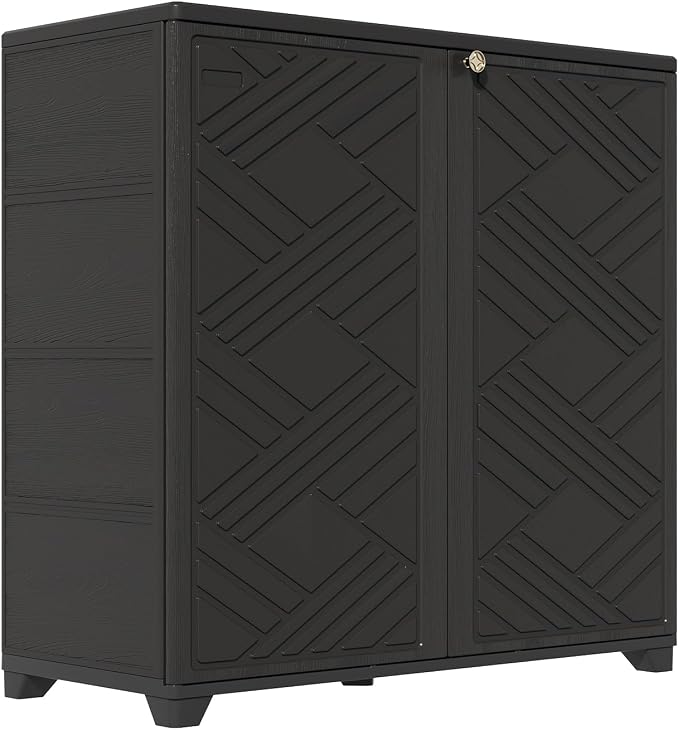 HOMSPARK Indoor/Outdoor Storage Cabinet with Doors and 2 Metal Shelves, 34”x15”x34” HDPE Plastic Storage Box for Patio, Garden, Enterway, Balcony, Multi-Purpose for Daily Tools, Black