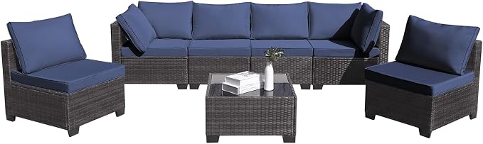 CANMOV 7 Pieces Patio Furniture Sets, All Weather Outdoor Patio Conversation Set, PE Wicker Rattan Sectional Sofa Couch Glass Coffee Table Washable Cushions for Backyard Garden, Porch, Navy Blue