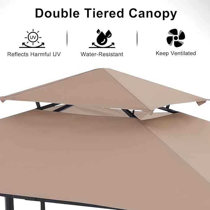 ABCCANOPY Grill Gazebo with 3 Side Awnings - 14x5 Outdoor BBQ Canopy Shelter with 2 Led Lights for Patio Backyard Grilling (Khaki)
