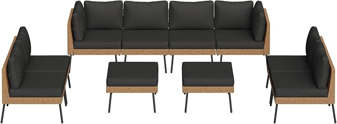 Aoxun 10 Piece Patio Furniture Set, 10 Seats Outdoor Sectional Sofas with Thick Cushion, Wicker Outdoor Patio Furniture Set with Ottomans for Party, Garden, Backyard, Black