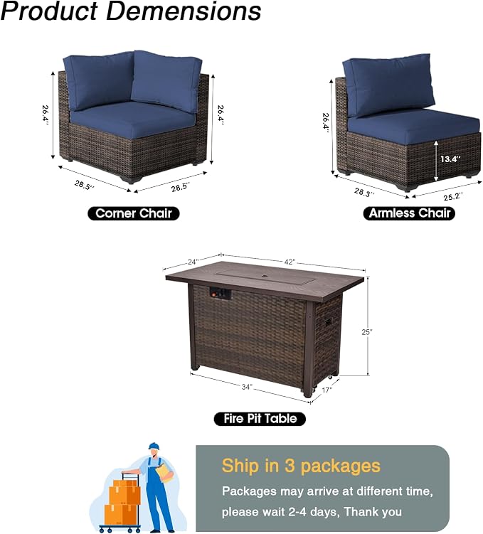 Patio Furniture Set 7 Pieces with 44" Fire Pit Table, Rattan Outdoor Sectional Conversation Sets, All Weather Outdoor Furniture Set with Cushions for Garden Lawn Balcony Porch Deck Blue