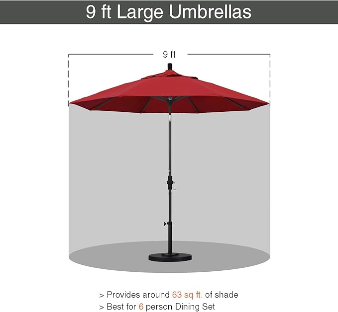 California Umbrella 9' Round Aluminum Market Umbrella, Crank Lift, Collar Tilt, Bronze Pole, Red Olefin