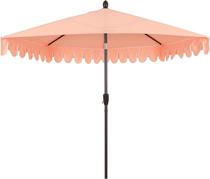 JONATHAN Y Terrace Scalloped 9 ft. Half Round Patio Umbrella with Crank Lift and Tilt, Coastal Semicircle Market Wall Umbrella for Balcony, Coral Pink/White, Dark Brown Pole UMB1202E