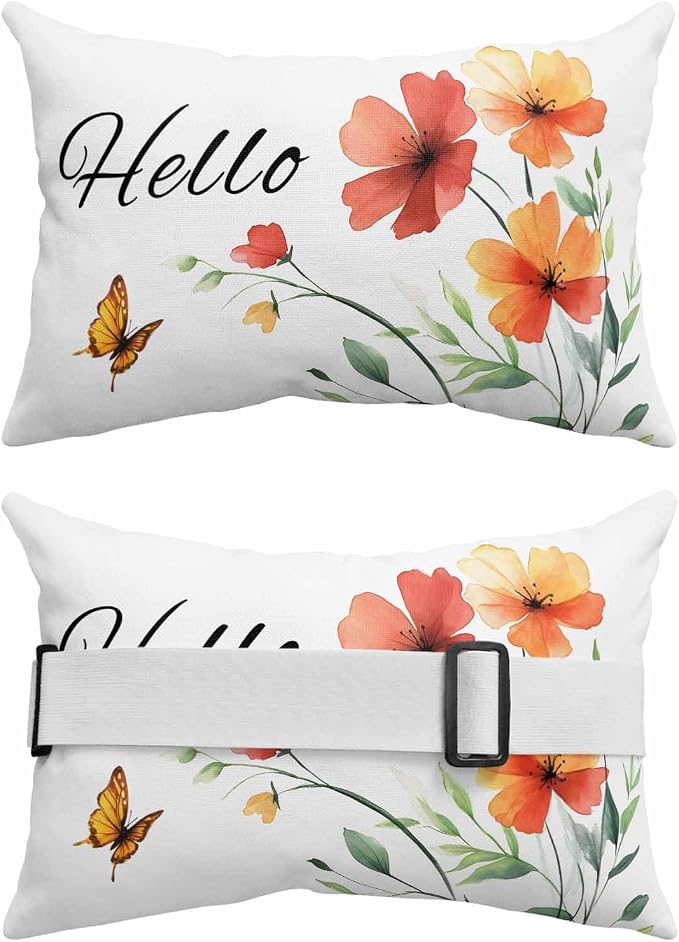 Pack of 2 Outdoor Lumbar Cushions with Inserts, Hello Elegant Butterfly Flowers Plants Waterproof Fluffy Fade Body Pillows, Patio Furniture Pillow for Home Balcony Garden Decor 12x20IN