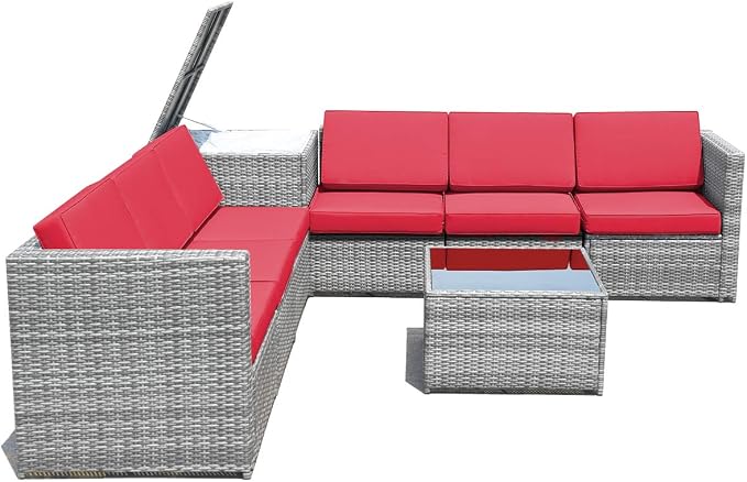 Tangkula 8 Pieces Wicker Patio Furniture Set with Storage Deck Box, PE Rattan Outdoor Sectional Sofa Conversation Set with Coffee Table & Cushions, Outside Furniture for Garden Yard Poolside (Red)