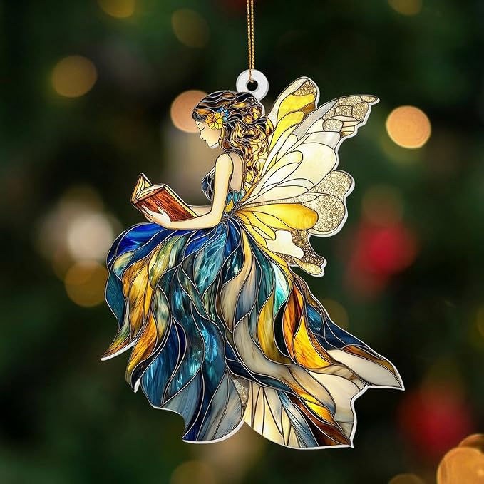 Fairy Stained Glass Style Acrylic Suncatcher, Fairy Ornament Window Hanging, Book Lover Gift for Women, Fantasy Fairy Decor, Book Lover, Librarian Gifts, Christmas Tree Ornament 4.5 Inch(Sun-01)