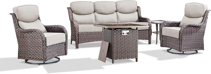 Luxury Patio Furniture Set with 6-inch Thick Cushion, Outdoor Furniture with Fire Pit Table, Swivel Chairs, Side Table, Sofa, 5pcs Wicker Conversation Set for Deck Yard (Brown Wicker | Beige Cushion)