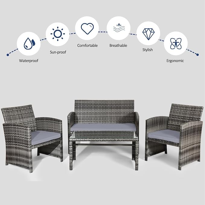 Outdoor Conversation Set, 4 Pieces Wicker Patio Furniture Set with Ergonomic Curved Design, Patio Chair Set with Water-Resistant Cushion & Tempered Glass Table for Balcony, Porch(Gray)