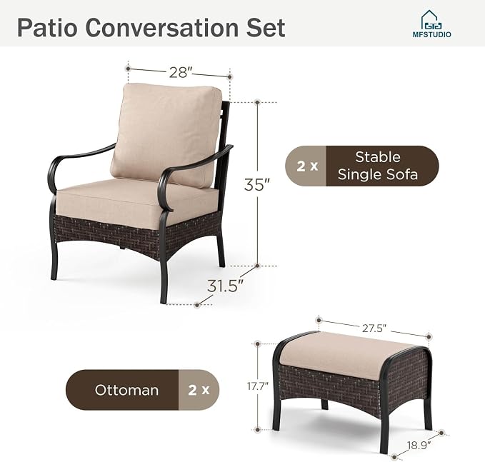 MFSTUDIO 4 Pieces Outdoor Patio Furniture Set, Metal Outdoor Conversation Sofa, Rattan Wicker Patio Sectional Sofa Set with 2 x Fixed Single Sofa, 2 x Ottoman, Beige