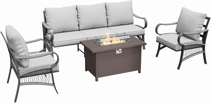 4 Piece Patio Furniture Set with 50000 BTU Propane Fire Pit Table, All Weather Metal Outdoor Conversation Sofa Set with Thick Cushions for Garden, Porch, Lawn, Grey