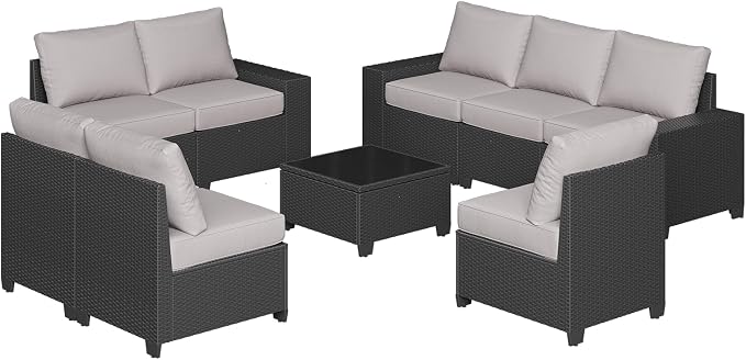 Aoxun Patio Furniture Set, 9 Pcs Outdoor Patio Furniture Sets with 4 in Thicken Cushion, Widen Armrests Wicker Outdoor Sectional for Backyard & Garden, Grey