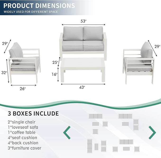 Amopatio Aluminum Patio Furniture, 5 Pcs Metal Modern Outdoor Patio Furniture Set, Outdoor Sectional Sofa for Balcony, Garden, White (Included Waterproof Covers)