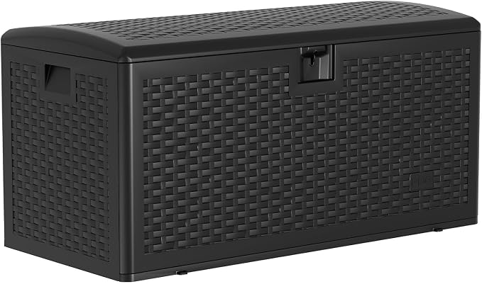 Takywep 73 Gallon Lockable Resin Deck Box, Waterproof & UV Resistant Outdoor Storage Chest, Patio Storage Bench with Webbing for Cushions, Garden Tools & Pool Accessories, Black