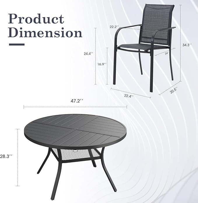 7 Pieces Outdoor Dining Set, Stackable Textilene Patio Chairs & 47.1" Round Dining Table with Umbrella Hole and Shelf, Patio Dining Set for Backyard, Deck, Garden, Grey & Black