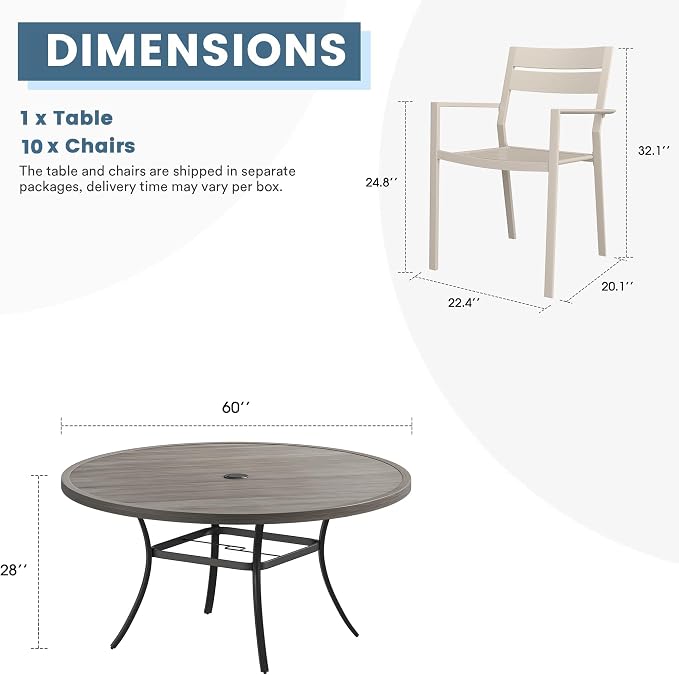 DIFY 11 Piece Outdoor Patio Dining Set for 10, Patio Table and Chairs Set with Umbrella Hole, 60" Round Dining Table and Stackable Metal Chairs for Backyard Garden Poolside, Grey Wood-Like & Sandshell