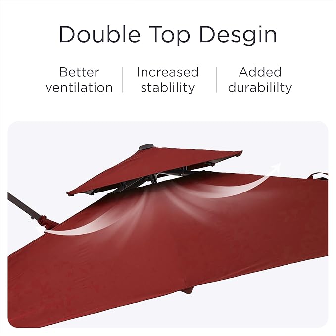 9' X 12' Patio Umbrella with LED Lights Outdoor Cantilever Large Rectangle Offset Umbrellas Heavy Duty Aluminum Double Top with 360-degree Rotation for Pool Garden Deck, Red