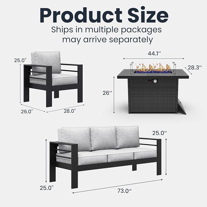 4 Pieces Modern Aluminum Patio Furniture Set with Fire Pit Table, Outdoor Conversation Sets Metal Sectional Sofa