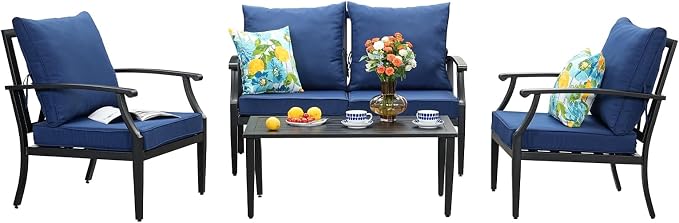 4-Piece Patio Furniture Set, Wider Outdoor Metal Seating Sofa with High Back & Loveseat, Coffee Table, All Weather Metal Conversation Set for Backyard, Poolside, Deck-Navy