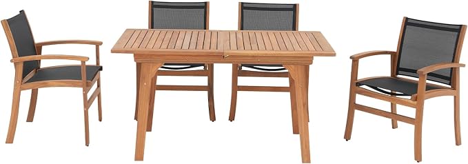 OC Orange-Casual Patio Furniture Set, Acacia Wood Patio Dining Set for 6-8, Outdoor Expandable Table and Chairs Set with Umbrella Hole and Breathable Textilene Fabric for Garden (Black, 5 Pieces)