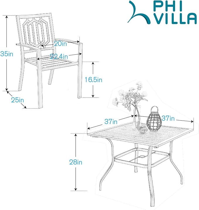 PHI VILLA 5 Piece Patio Dining Set Metal Outdoor Table and Chairs Furniture Set, 37" Square Bistro Table with Umbrella Hole and 4 Backyard Garden Chairs Support 300LBS for Deck, Lawn, Garden