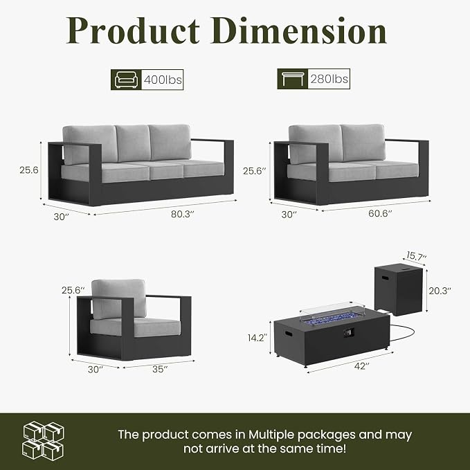 LayinSun Oversized Aluminum Outdoor Furniture Set, 5 Piece Patio Sofa Sets with Fire Pit Table, Deep Seating and Upgraded 6-inch Cushions for Porch, Balcony, Deck