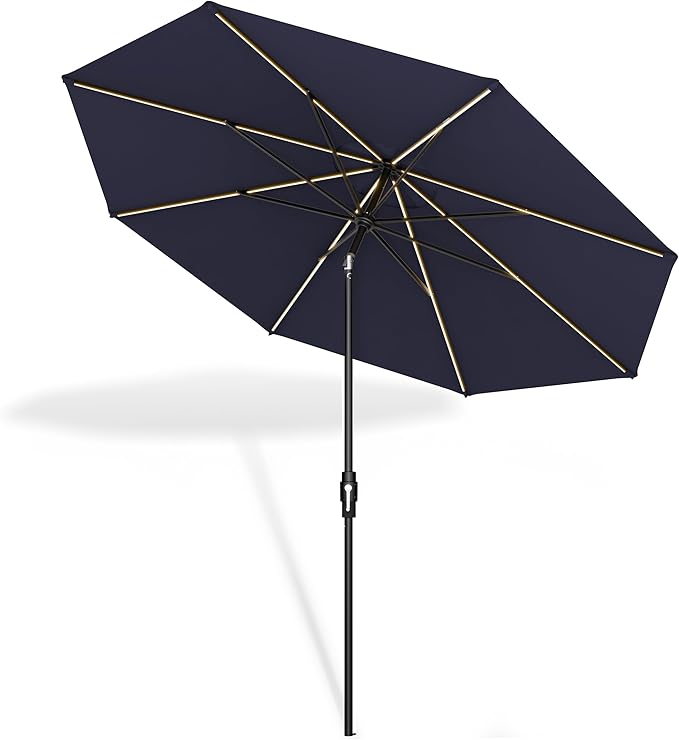 Midtown Umbrellas The LED Swilt 9 Feet Patio Umbrella With Terylast Navy (Navy Blue) Polyester Fabric - Auto-Tilt Aluminum Frame With LED Lights For Backyard, Deck, Garden, Pool - Black Pole