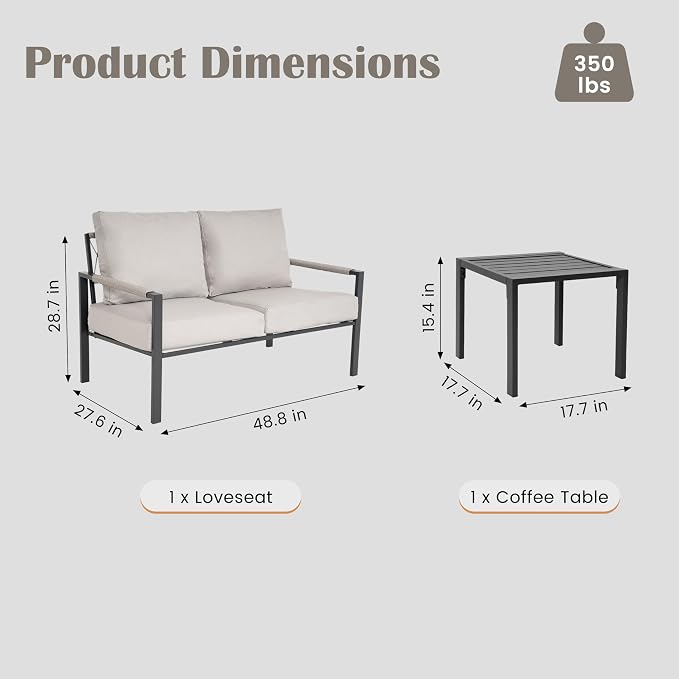2-Piece Wicker Patio Conversation Set, Outdoor Loveseat with Side Table and Soft Cushions, Patio Furniture for Backyard, Balcony and Deck, Warm Grey