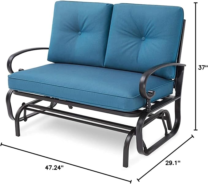 Patio Bench, Porch Glider Outdoor Swing Glider Rocking Loveseat, Steel Frame Chair with Thick Cushion (Peacock Blue)