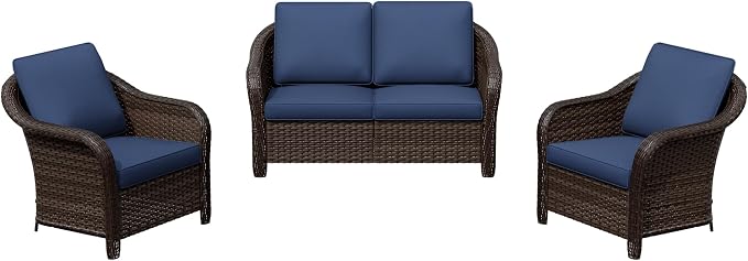 3 Pieces Outdoor Patio Conversation Set, 55" Couch, 2 Chairs, Rattan Wicker Conversation Furniture with Removable Cushions for Bistro, Deck (Navy Blue)