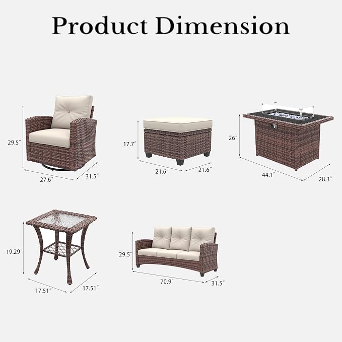 LayinSun 7 Pieces Patio Furniture Set with Swivel Chairs, Rattan Wicker Rocking Glide Chairs with 44" Propane Gas Fire Pit Table Conversation Set