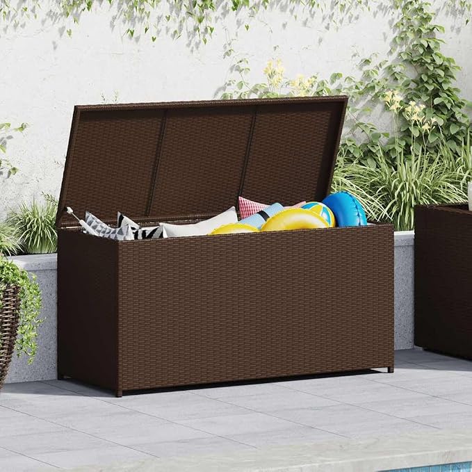 Outdoor Storage Chest, 47.2 x 47.2 x 23.6 Inch Rectangular Deck Box for Patio, Garden, and Balcony, Weather-Resistant Poly Rattan Furniture with Gas Lift Lid, Brown