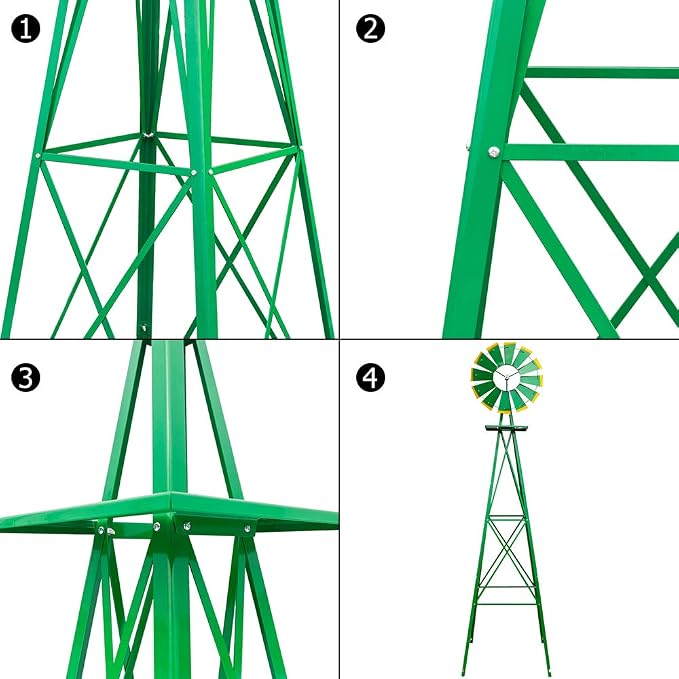 VINGLI Upgrade 8FT Ornamental Windmill Backyard Garden Decoration Weather Vane, Heavy Duty Metal Wind Mill w/ 4 Legs Design (Green)