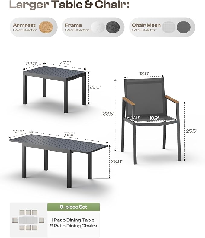 Aluminum Outdoor Patio Dining Table Set for 8 Person, Expandable Outdoor Table and 8 Chairs with Textilene Fabric & HDPS Armrest, All-Weather Patio Furniture Set for Yard, Deck, Gray