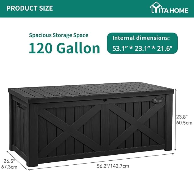 YITAHOME 150 Gallon Large Deck Box with X-Shaped Front, Resin Outdoor Storage Boxes, Waterproof Cushion Storage Bench for Patio, Pool Supplies, Garden Tools - Lockable, Black